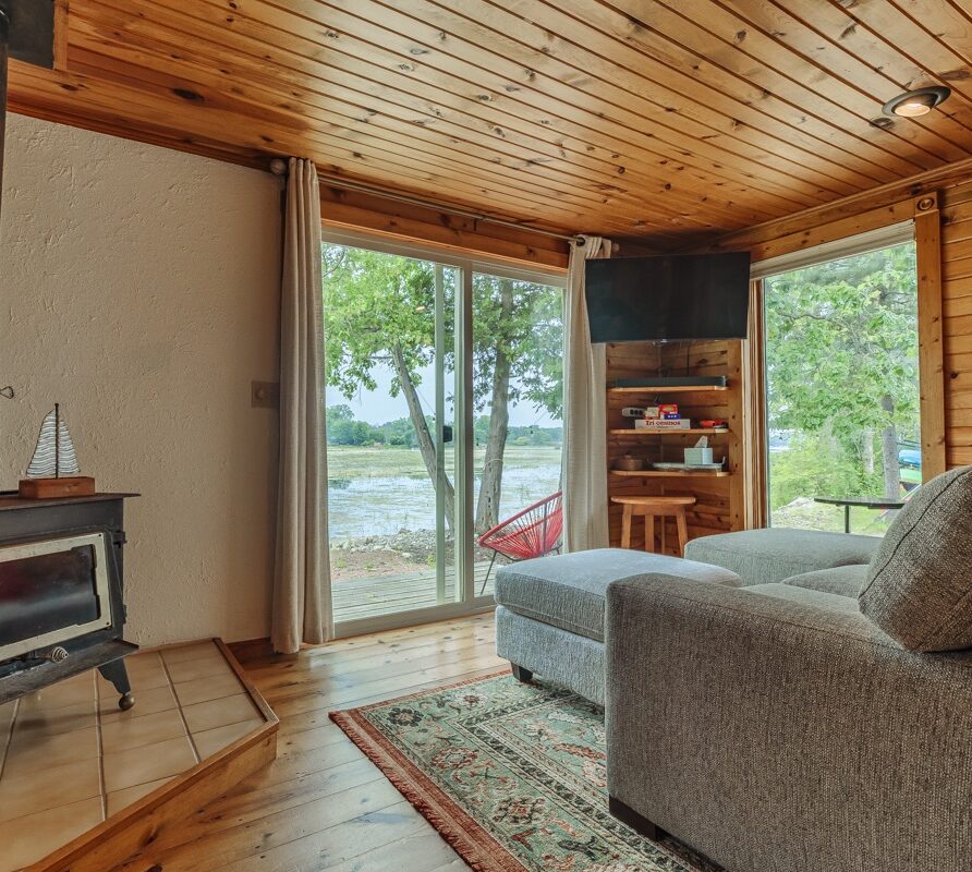 Bright living room with wood-burning stove, large windows, and lake views