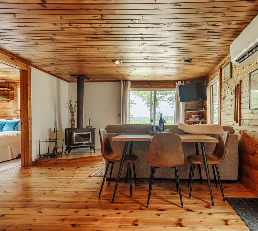 Bright living room with wood-burning stove, large windows, and lake views