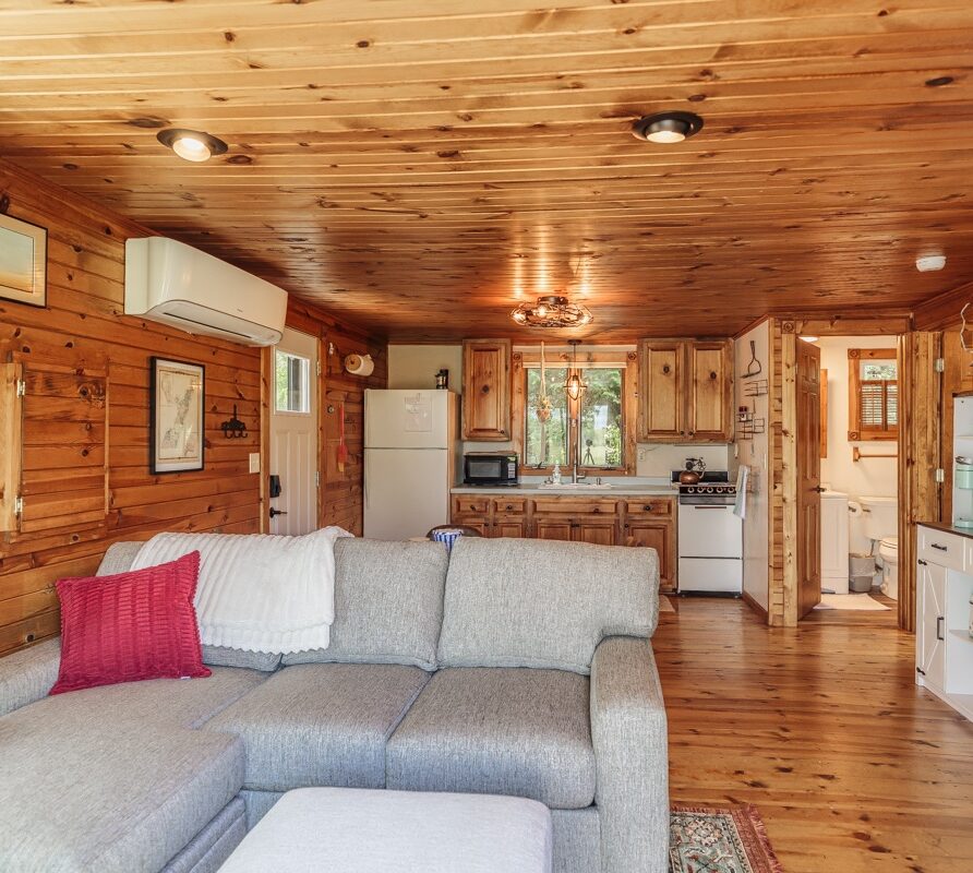 Bright living room with wood-burning stove, large windows, and lake views